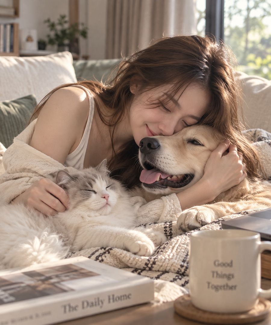 Cuddling the dog and the cat