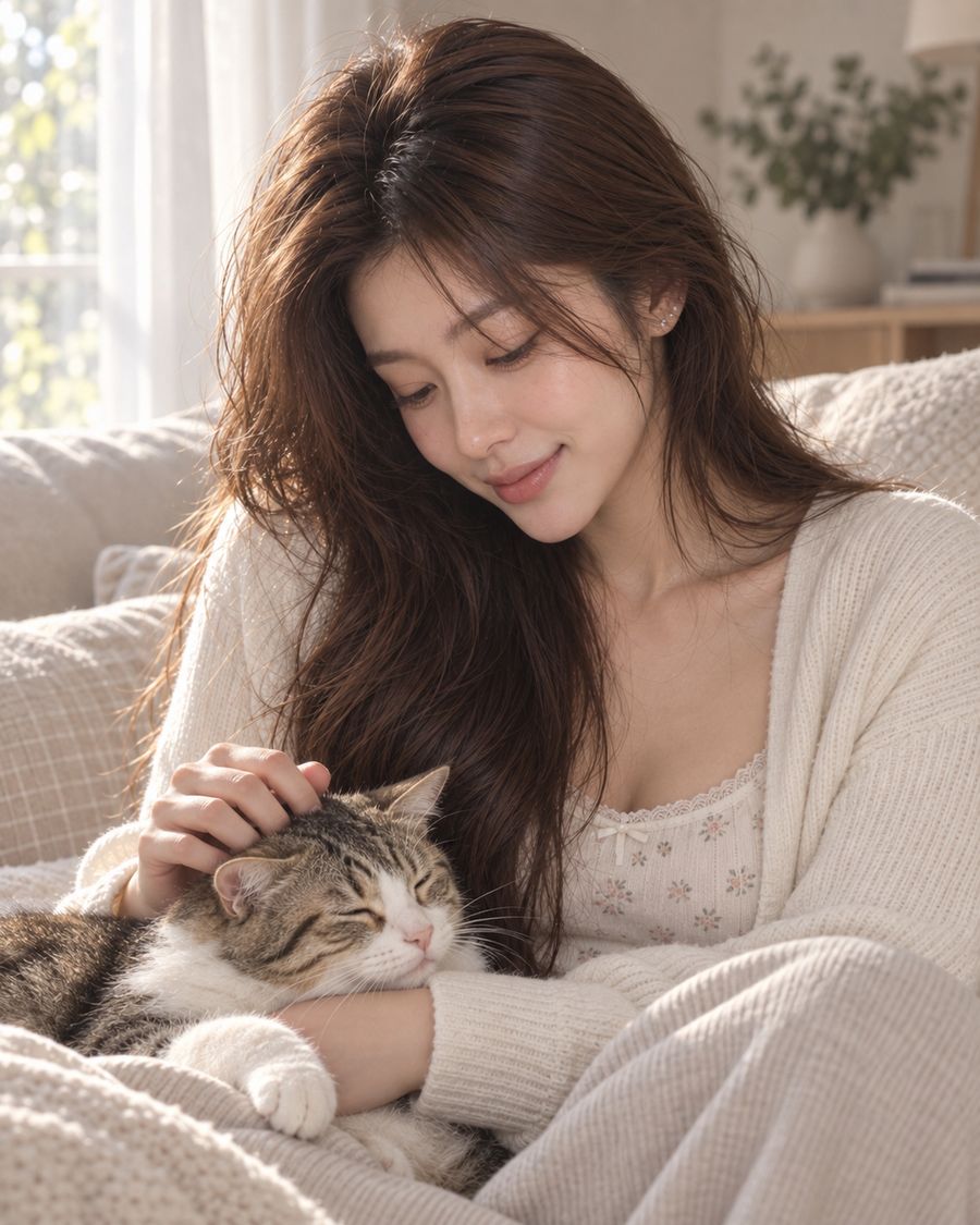 A cat asleep on her lap